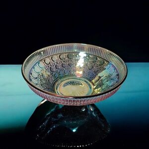 Vintage Windsor Indiana Iridescent Blue Carnival Glass Bowl Button & Cane